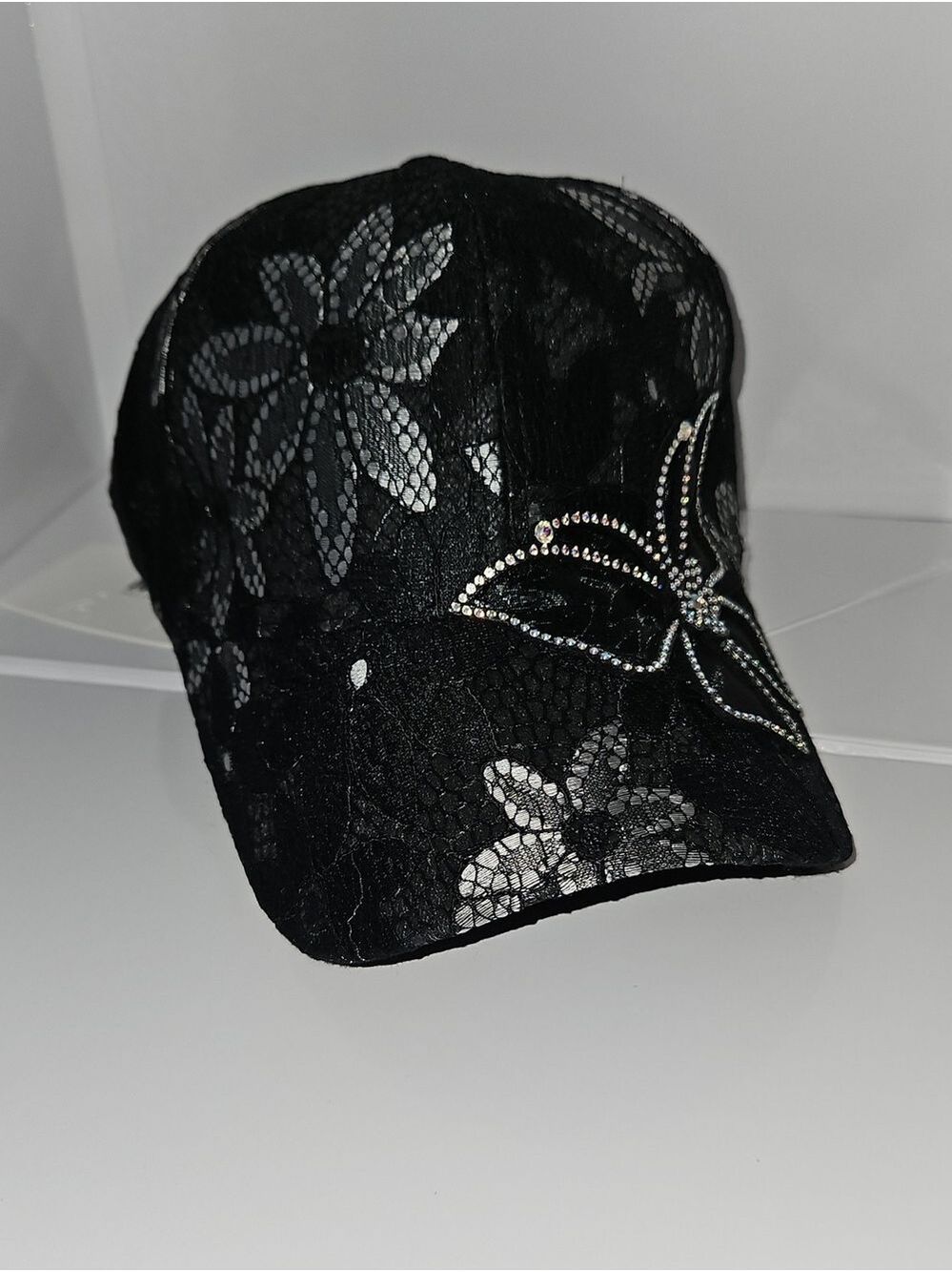 Black Lace Baseball Cap with Rhinestone Butterfly Accent